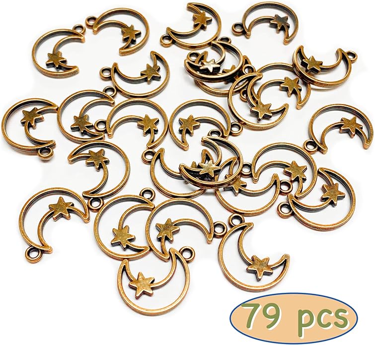 Heather's cf Celestial Beads Moon Charms Pendant Jewelry Making Earrings Necklace Bracelet Kit Findings Jump Rings Lobster Clasp Vintage Finish Plated Non Tarnish Look (Silver Star, 79-150Pcs)