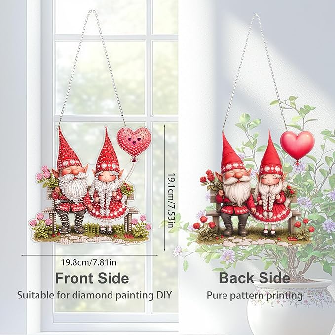 TOSTOG Diamond Art Hanging Kits for Adults, Gnome Couple Diamond Painting for Adults Window Pendant, Valentines Special Shape Diamonds Diamond Painting Hanging Pendant Kit for Home Decor Gift