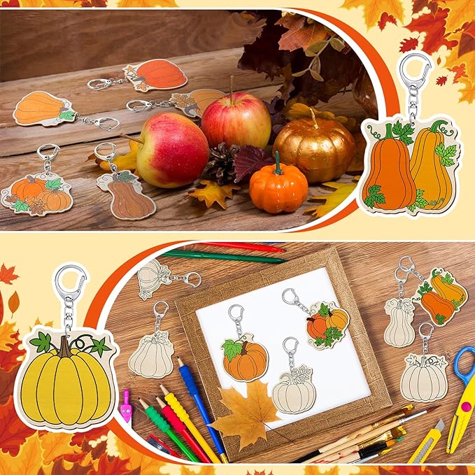 Trnayi 36 Pcs Color Your Own Pumpkin Keychains Fall Thanksgiving Crafts Wood DIY Coloring Gifts for Autumn Thanksgiving Party Favors Painting DIY Arts Crafts Project Decoration Family Holiday Project