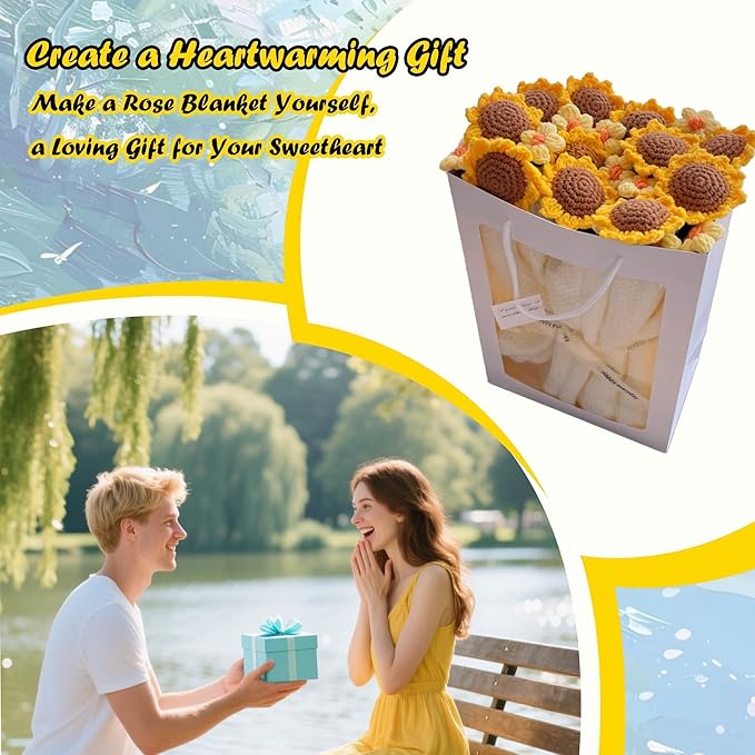 Yarniss Sunflower Blanket Kit for Beginner,Flower Bouquet Blanket Crochet Kit with Step by Step Istruction&Tutorial,Easy Crochet Starter Kit