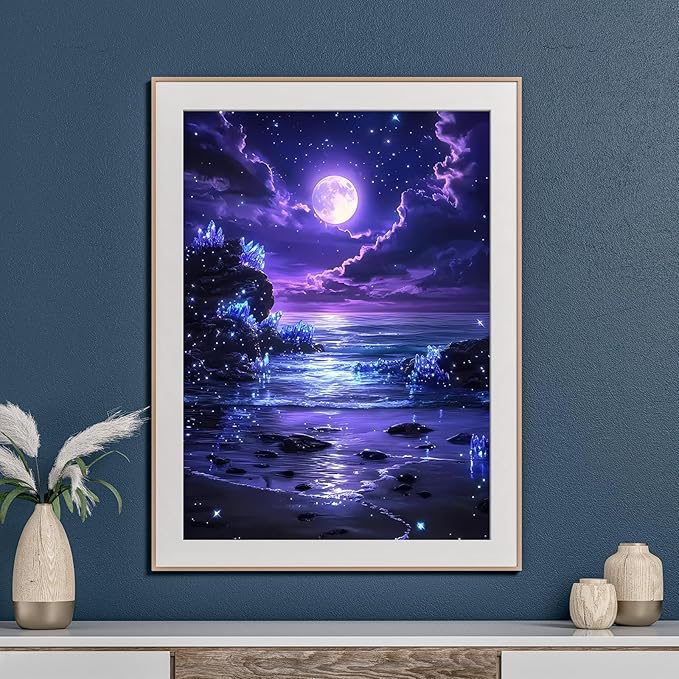 Purple Moon in Beach Diamond Art Kits for Adults, Landscape Beach Diamond Painting for Beginners, Diamond Dot, 5D Dimond Art Paintings Kit, Gem Painting Kit, Crystal Home Wall Decor Gifts (12x16inch)