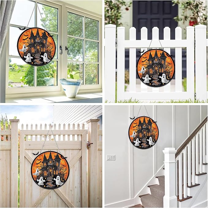 Reofrey Hanging Diamond Art Kits for Adults - 8x8 Inch Halloween Ghost Acrylic Board Double Sided Pattern Diamond Art Suncatcher Pendant, Crystal Art for Home Wall or Window Decoration Handmade Gift