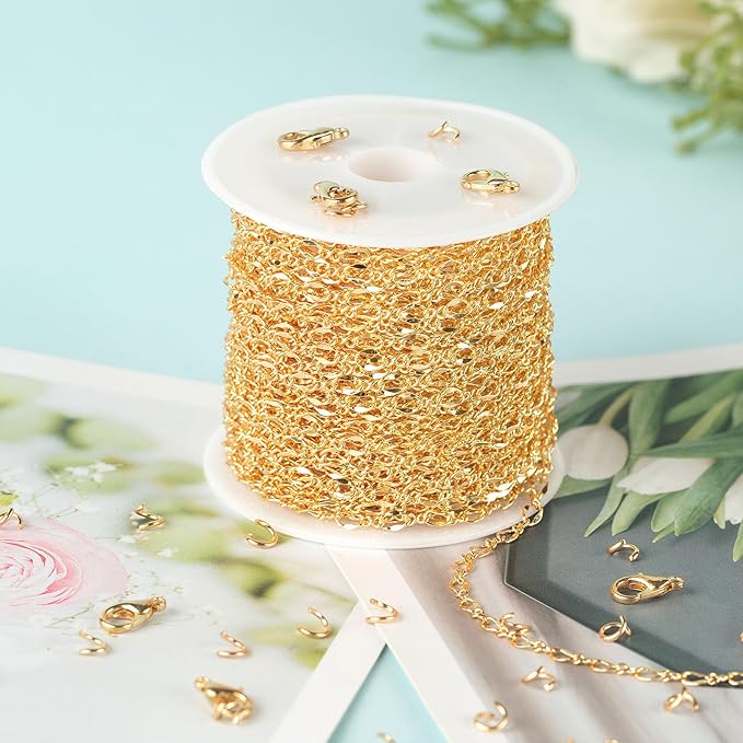 YOUBEIYEE 32.8 Feet 18K Gold Plated Jewelry Chains Bulk, Solid Brass Lip Cable Chain for Women Necklace Bracelet DIY Jewelry Findings