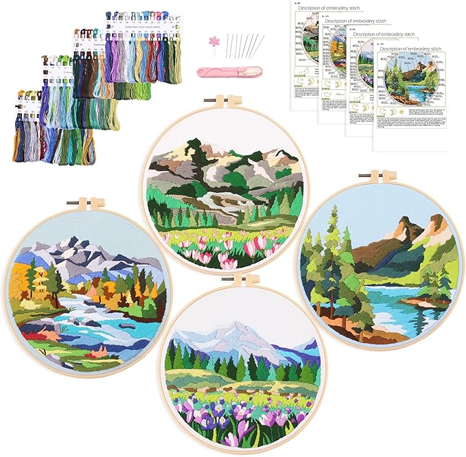 harimau 4p beginner embroidery kit,floral plant pattern,cross stitch kits, including stamped embroidery cloth with 2 embroidery hoops, color threads and embroidery kits