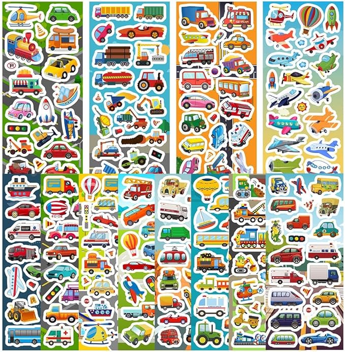 36 sheets cars and trucks stickers for kids, 700+ vehicle transportation stickers party favors pack including cars, construction,fire trucks,buses,airplane,rocket and more!