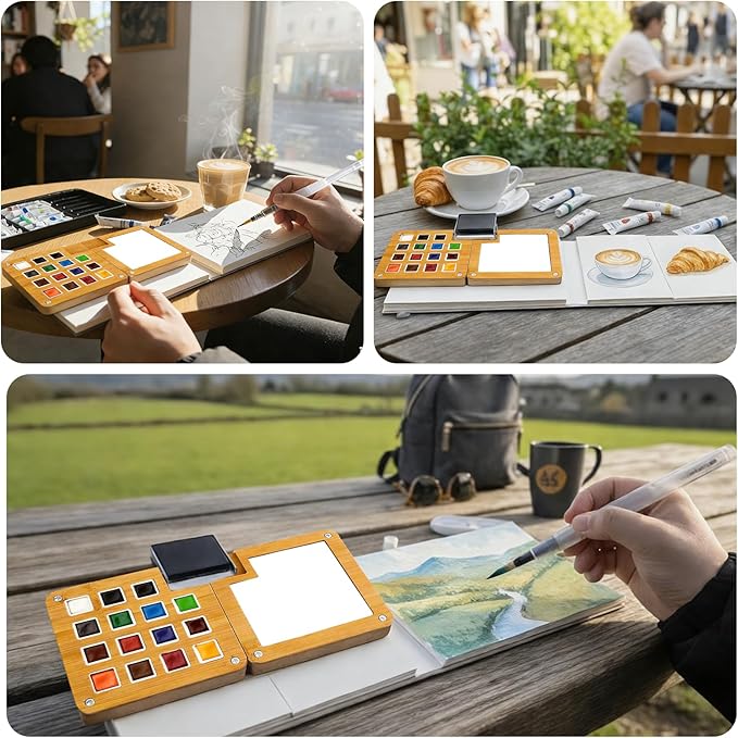 Mini Watercolor Paint Set - Mini Travel Watercolor Palette Set, Pocket Water Color Paint Palette Kit with 18 Colours, Sketchbook, Pens, Wooden Paints Box for Painters Artists