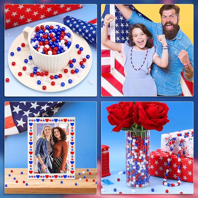 UPINS 1200Pcs Red White Blue Beads,8mm 4th of July Beads Independence Day Patriotic Pearl Beads for Jewelry Making Party Decoration Necklace Bracelets Earrings Hair Beads DIY Crafts Supplies