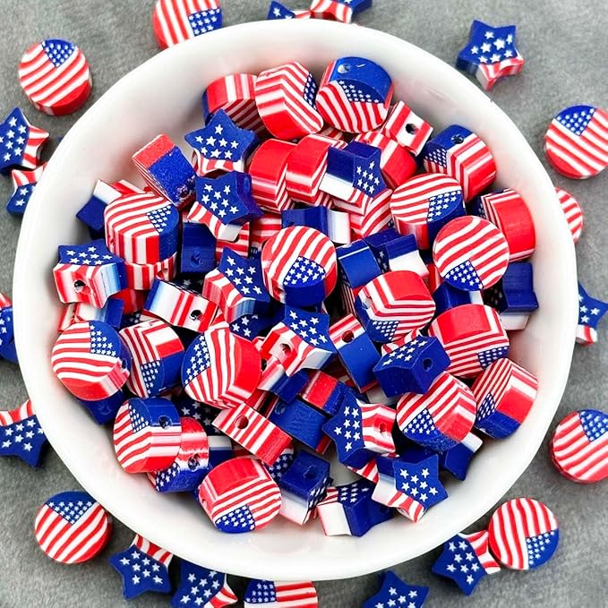 100Pcs America Flag Polymer Clay Loose Spacer Beads, Mixed Color Cute Beads Charms for DIY Hair Clip Necklace Bracelet Jewelry Earring Handmade Craft Making Supplie
