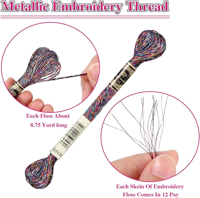 WILLBOND 24 Pcs Metallic Embroidery Floss Cotton Stitch Embroidery Thread Skein Threads Glitter Embroidery Thread Cross Stitch Thread for Friendship Bracelets DIY Thread Crafts(Classic Color)