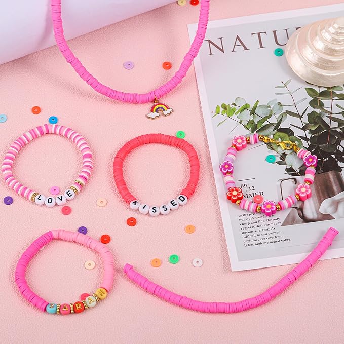 JMUQ 28 Strands Pink Clay Beads Bracelet Making Kit, Friendship Preppy Flat Polymer Clay Heishi Beads for Bracelets Jewelry Making Kit, DIY Arts and Crafts Gifts