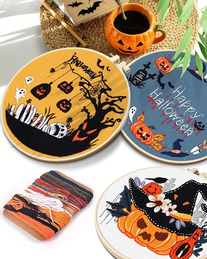 TINDTOP Halloween Embroidery Kit for Adult, 5 Pack Embroidery DIY Starter Kit, with Stamped Patterns, Hoop, Tools, Colorful Threads with Needles, Instructions