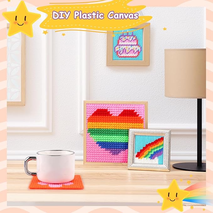 Pllieay Cross Stitch Kits for Beginners 12in1 Cross Stitch Kits for Kids Embroidery Kit Includes 12pcs Blank Plastic Mesh Canvas, 16 Yarns, 6 Embroidery Needles, Needlepoints Starter Sewing Set
