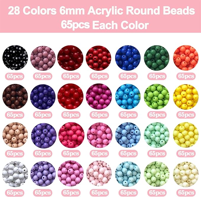 1820PCS 6mm Acrylic Round Beads for Jewelry Making,28 Candy Colors Assorted Plastic Round Beads for Bracelets Making Kit Loose Bead Bubble Gum Bead for Earrings Necklace DIY Crafts(6mm Bright)