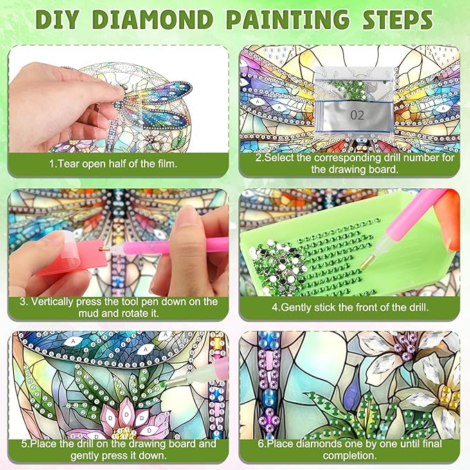 DOMROM Flowers Dragonfly Diamond Art Hanging Kit for Adult, Special Shaped Rhinestone, 5D Diamond Art Painting Window Pendants, Home Wall Art Hanging Kits, Double Sided Hanging Ornament 5.1x7.6in