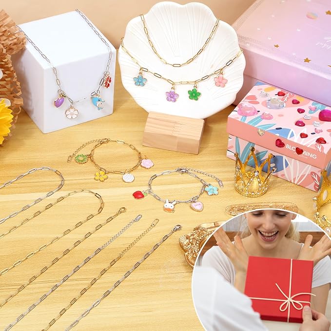 Comkrivy 128 Pcs Charm Bracelet Necklace Kit, 18K Gold & Silver Plated Chains, Adjustable Charm Bracelet Chain Necklace Set for DIY Jewelry Making, Includes 100 Pcs Open Jump Rings
