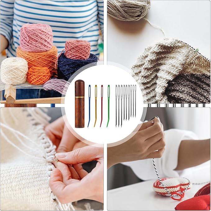 13pcs Large Eye Sewing Needles Kit, Stainless Steel Large-Eye Blunt Needles & Bent Tapestry Needles Sharp Hand Knitting Needles with Wooden Needle Case for Crochet/Darning/Yarn/Embroidery Projects