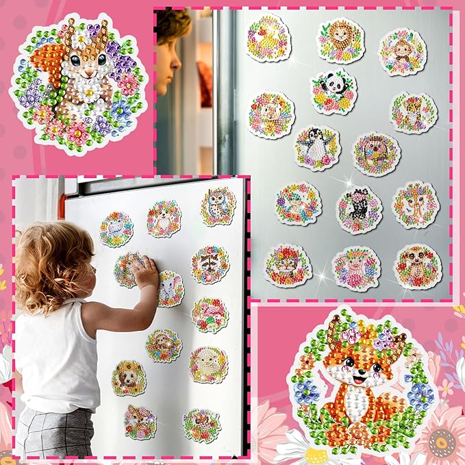 Xuhal 30 Pcs Spring Animal Diamond Painting Magnet Flower Animal Diamond Art Magnet Kits for Adults Floral Wreath Elephant Refrigerator Magnetic Sticker 5D Rhinestone Fridge Sticker for DIY Craft Gift