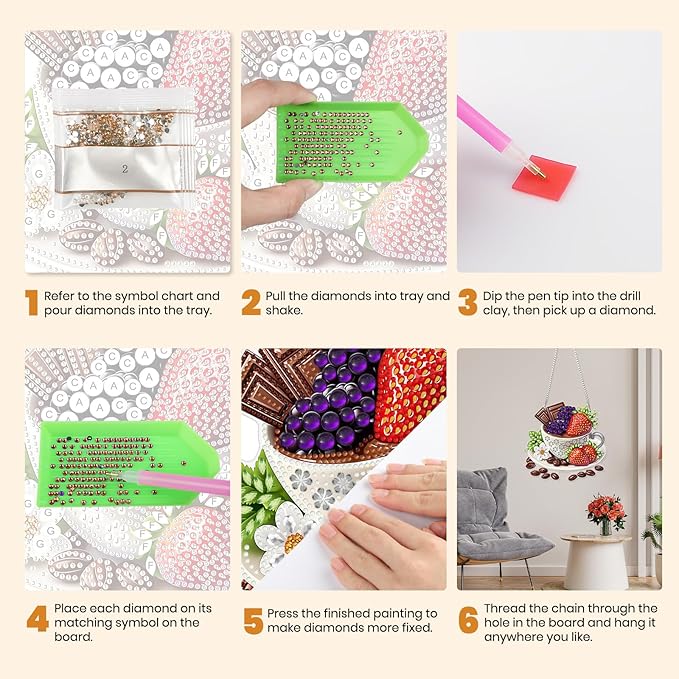MXJSUA Strawberries Coffee Diamond Painting Art Window Suncatchers, Diamond Art Kits for Adults Hanging Ornaments with Chain, 5D Special Shape Crystal Diamond Pendant Accessories for Decor Gift
