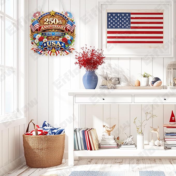 Eiflow 250th Anniversary USA Diamond Art Hanging Kit for Adults, DIY Acrylic Diamonds Painting Door Hanger Board Kit, Crystal Diamond Art Painting Pendant Ornament (4th of July Eagle)