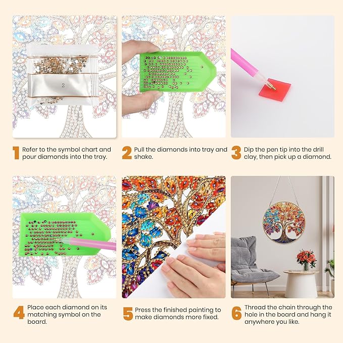 MXJSUA Colorful Tree Diamond Art Hanging Kits for Adults Beginners, DIY Acrylic Special Shaped Crystal Diamond Gem Art Pendant Drills Painting Ornament for Home Wall Decor and Gift