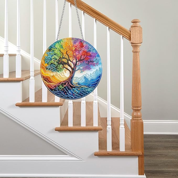 Pavemlo Hanging Diamond Art Kits for Adults Tree – 8x8 Inch Double-Sided Acrylic Board DIY Crystal Diamond Suncatcher Pendant, Sparkling Home Wall or Window Decoration Handmade Gift