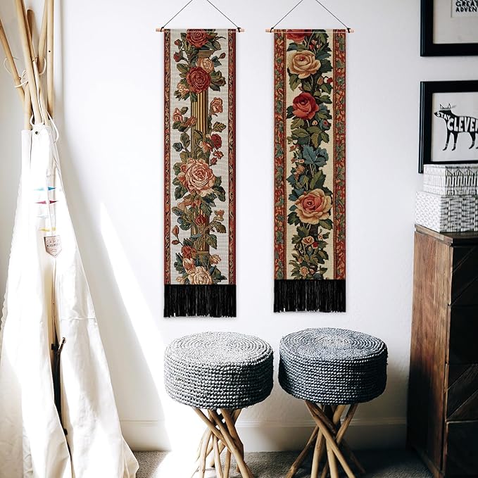 PLIGREAT 2 Pack Vintage Floral Tapestry with Tassels, 52" x 13" Rose Border Vine Aesthetic Wall Hanging Vertical Home Art Tapestry for Bedroom Living Room Bathroom Long Narrow Wall Hanging Art Decor