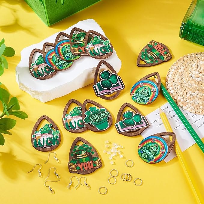 Beadthoven 10 Pairs DIY St Patrick’s Day Wood Dangle Earrings Making Starter Kit Green Shamrock Pendants Clover Hollow Teardrop Charms Ornaments Earring Hooks Jump Rings for Irish Jewelry Making Adult