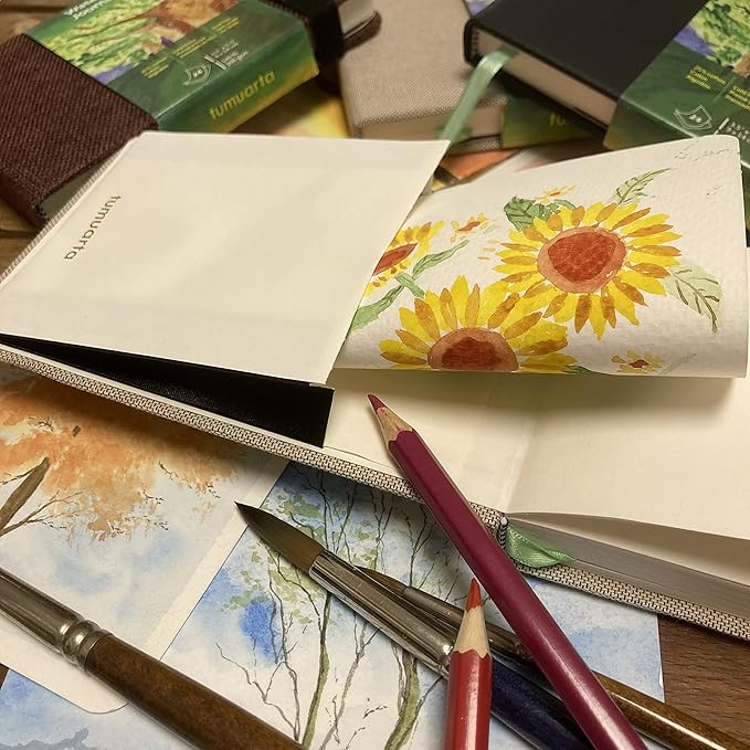 tumuarta Watercolor Journal, 3.5x5.5”, 140 LB, 300 GSM, Cotton Paper, Cold Press, 24 Sheets, 48 Pages, Watercolor Paper Sketchbooks for Use As Travel Notebook Mixed Media Pad On The Go