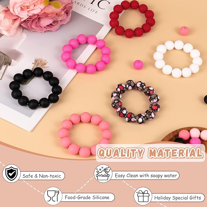 120 Pcs Silicone Beads for Keychain Making 15mm Bracelets Red Black White Mixed 6 Colors Silicone Round Beads Bulk for Crafts Beadable Pens