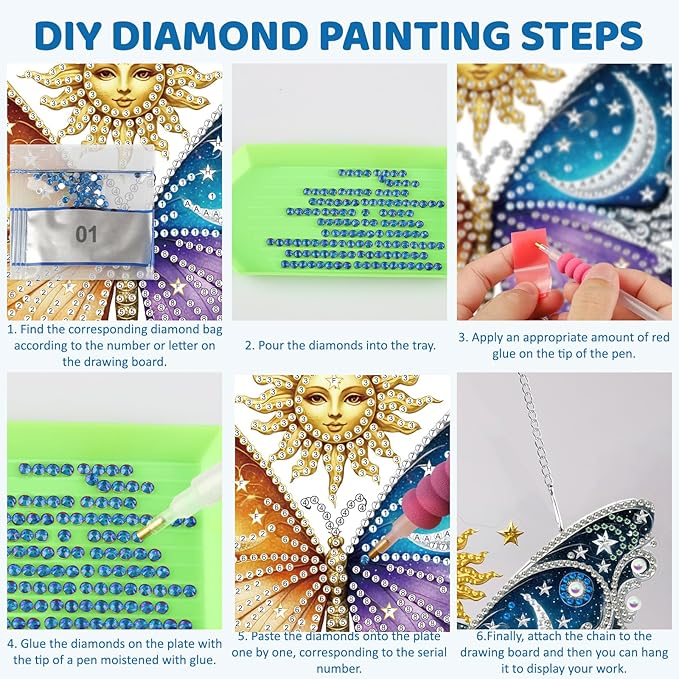 MEIYUDA Butterfly Diamond Art Hanging Kits for Adult, Butterfly Sun Moon Diamond Painting Hanging Kits Ornaments, DIY Special Shaped Rhinestone Window Pendants kit for Home Garden Wall Decor Gift