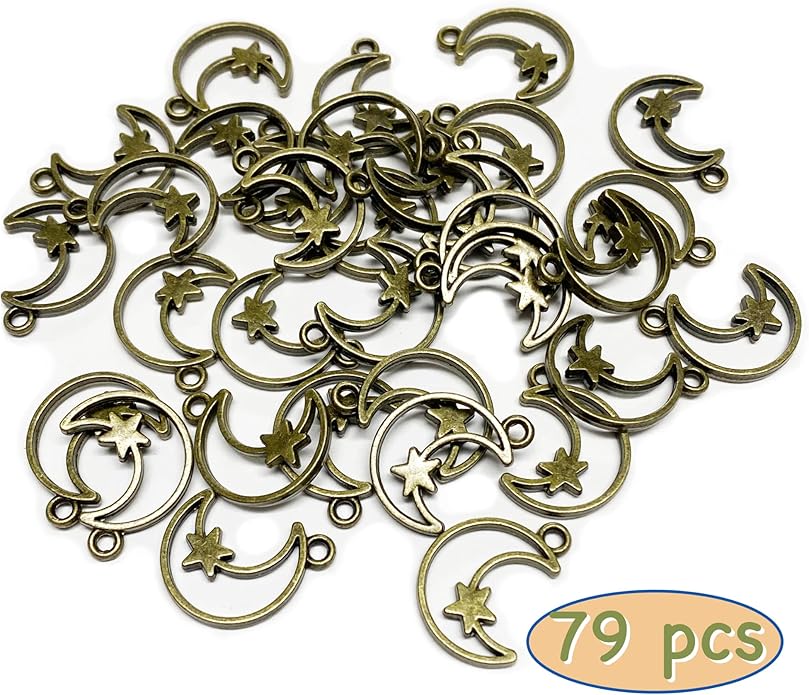 Heather's cf Celestial Beads Moon Charms Pendant Jewelry Making Earrings Necklace Bracelet Kit Findings Jump Rings Lobster Clasp Vintage Finish Plated Non Tarnish Look (Silver Star, 79-150Pcs)