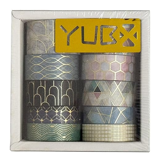 yubx creative washi tape set 10 rolls gold foil print decorative masking tapes for arts, diy crafts, journals, planners, scrapbook, wrapping (geometric order)
