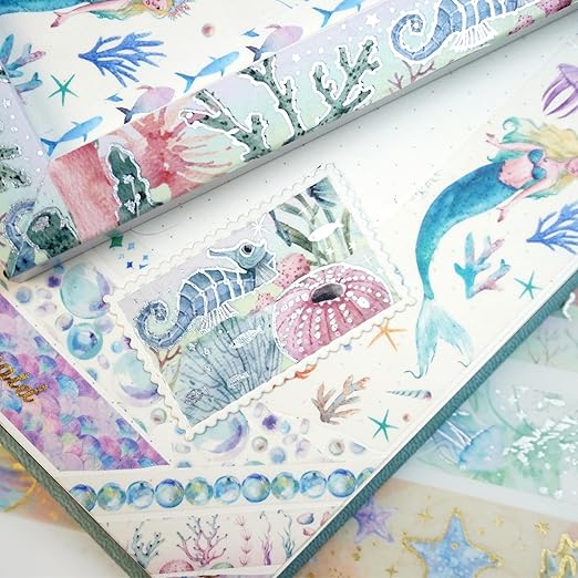 YUBX Marine Life Washi Tape Set 24 Rolls Gold Silver Foil Masking Underwater World Graphic Decorative Tapes for Arts, DIY Crafts, Journals, Planners, Scrapbook, Wrapping