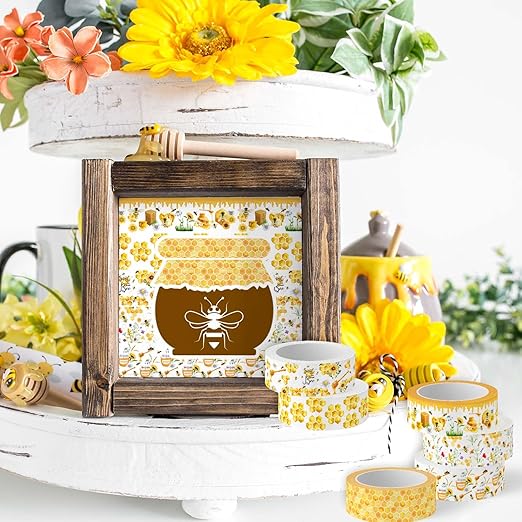 Whaline 12 Rolls Bee Washi Tape Bumble Bee Honeycomb Sunflower Washi Tapes Watercolor Yellow Decorative Masking Tape for Spring Summer Scrapbook Journal DIY Art Craft Gift Wrapping