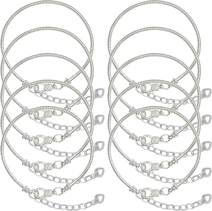 tiggell 10pcs Chain Bracelets Kit Silver Plated Snake Chain with Heart Lobster European Charm Bracelet for Christmas DIY Women Jewelry Findings Bracelet Making (Silver)