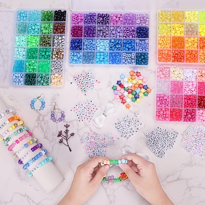 QUEFE 96 Colors 3000pcs Pony Beads Bracelet Making Kit Friendship Bracelet Kit Rainbow Kandi Beads with Letter and Heart Beads Elastic Threads for Jewelry Necklace Making