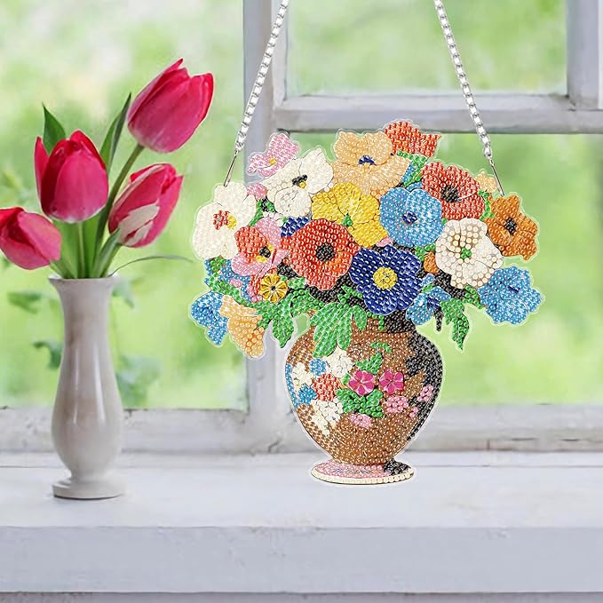 Auremi Vase Flower Diamond Art Hanging Kit for Adult, Special Shaped Rhinestone, DIY Acrylic 5D Flower Diamond Painting Window Pendants Signs, Home Garden Wall Hanging Ornament