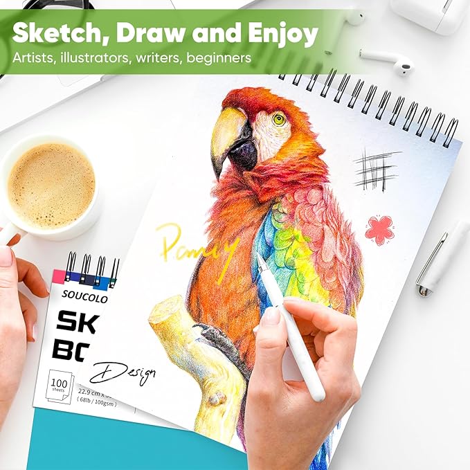 soucolor school supplies 9" x 12" sketch book for high college teacher student, 1-pack 100 sheets spiral bound art sketchbook, acid free (68lb/100gsm) artist blank book for kids, back to school stuff