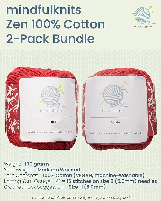Knitting Yarn, Crochet Yarn, Mindfulness and Relaxation 100 Percent Cotton Yarn, Single Color 2-Pack - Medium Number 4 Worsted Bundle, Soft & Gentle for Garments, Amigurumi, Baby Items by mindfulknits