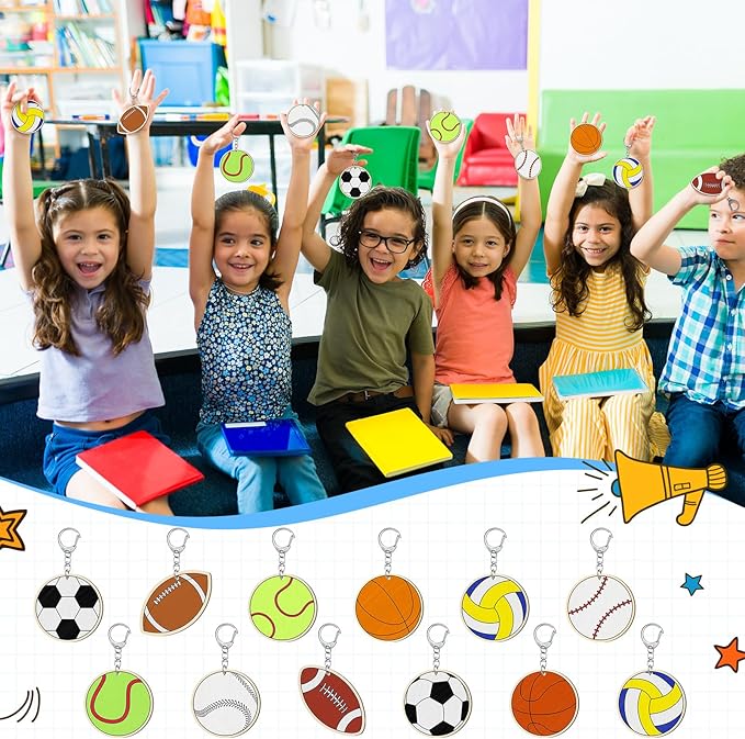 Trnayi 36 Pcs Color Your Own Sports Ball Keychains Crafts for Boys Girls Unfinished Wooden Football Basketball Soccer Crafts Blank Wood Painting DIY Crafts for Home Classroom Activities Project Decor