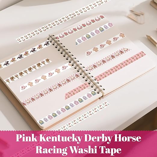 Pink Kentucky Derby Washi Tape - 12 Rolls Horse Racing Rose Horseshoe Gingham Pattern Acid Free Repositionable Adhesive for Scrapbooking Gift Wrapping Journaling Party Decor DIY Crafts