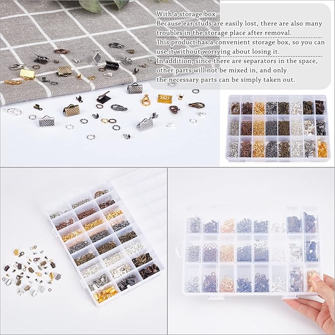 PH PandaHall About 2580Pcs Jewelry Finding Kits of Fold Over Iron Cord Ends Ribbon End Jump Rings and Lobster Claw Clasps in 6 Colors Mixed Sizes
