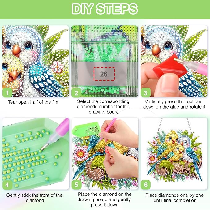 QENSPE Diamond Painting Art Hanging Kits for Adults, 5D Three Birds Diamond Paingting Ornaments with Chain, DIY Flowers Crystal Window Pendants for Home Wall Decor Double Sided Gift 8X8 inch