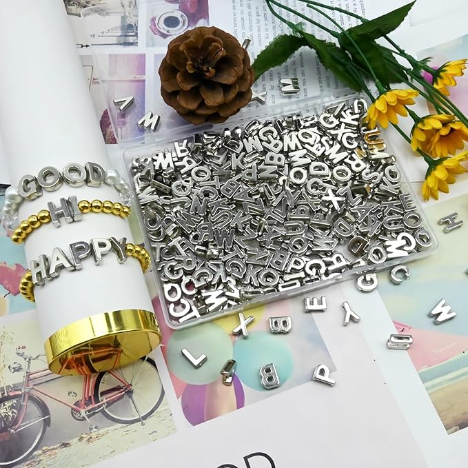 400pcs Silver Letter Beads Pendant,A-Z,3D Loose Beads,Plastic Initial Charms for Jewelry Making,Key Chains,Crafts
