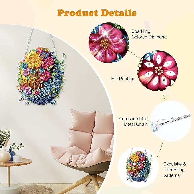 HEIBAGO Easter Diamond Art Hanging Kits for Adults, Diamond Art Suncatchers Egg, 5D Special Shape Diamond Painting Pendant, DIY Window Ornament Gifts for Home Garden Door Wall Decor 8.3 x 8.3 Inch