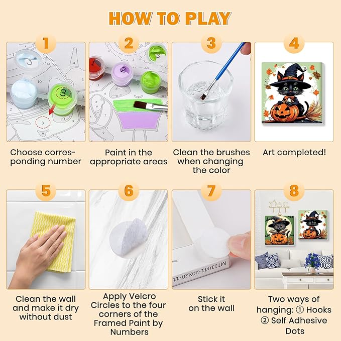 Bowetile 4 Pack Halloween Framed Paint by Numbers for Adults, Black Cat Paint by Numbers for Kids Ages 8-12 on Canvas, Easy Acrylic Cartoon Number Painting Halloween Gifts for Home Wall Decor, 8x8in