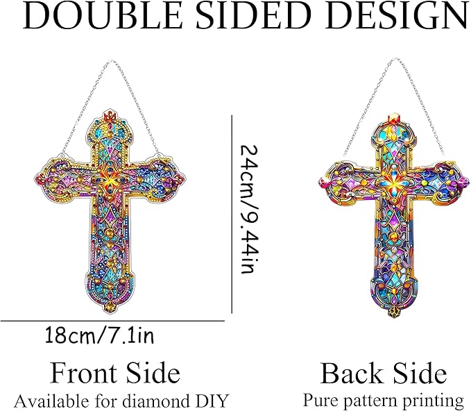 JJFox Diamond Cross Art Hanging Kit for Adult,Special Shaped Rhinestone,DIY Acrylic 5D Diamond Art Painting Window Pendants Home Garden Wall Hanging Kits Hanging Ornament,Double Sided