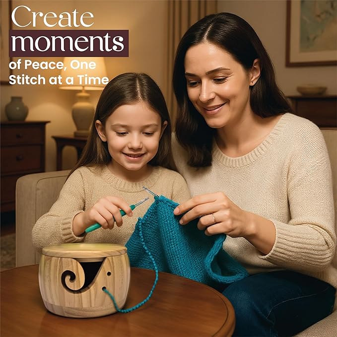 LE MIRIELLE - Wooden Yarn Bowl for Crochet – Crochet Holder + Complete Tools Kit, Gifts for, Large Bowl Organizer for Yarn, Hooks & Accessories