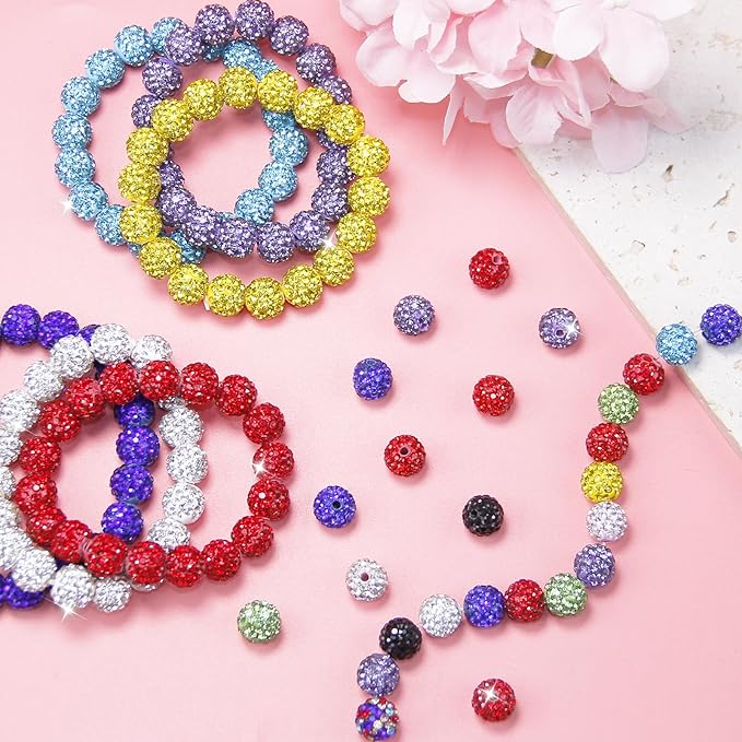 100 Pcs 10mm Rhinestone Beads for Jewelry Making, Mixed Shiny Round Shamballa Disco Baseball Necklace Beads Sparkle Crystal Clay Pave Rhinestones Bead for DIY Bracelet Earring keychain Making Supplies