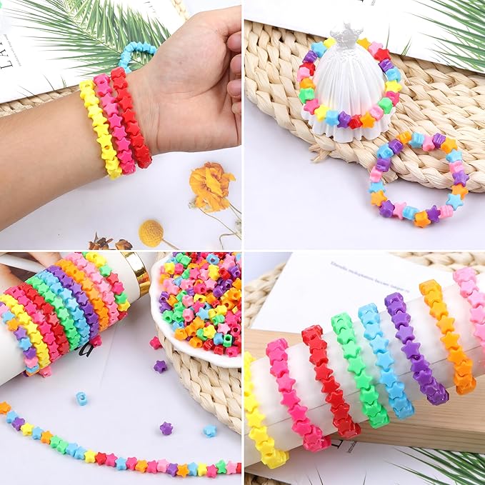 Star Pony Beads for Bracelets - 1000 Pcs, 6x9mm Plastic Stars in 8 Colors for Jewelry Making